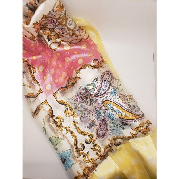 Pink And Yellow Floral Silky Fashion Scarf Summer Scarf - Picture 2 of 3